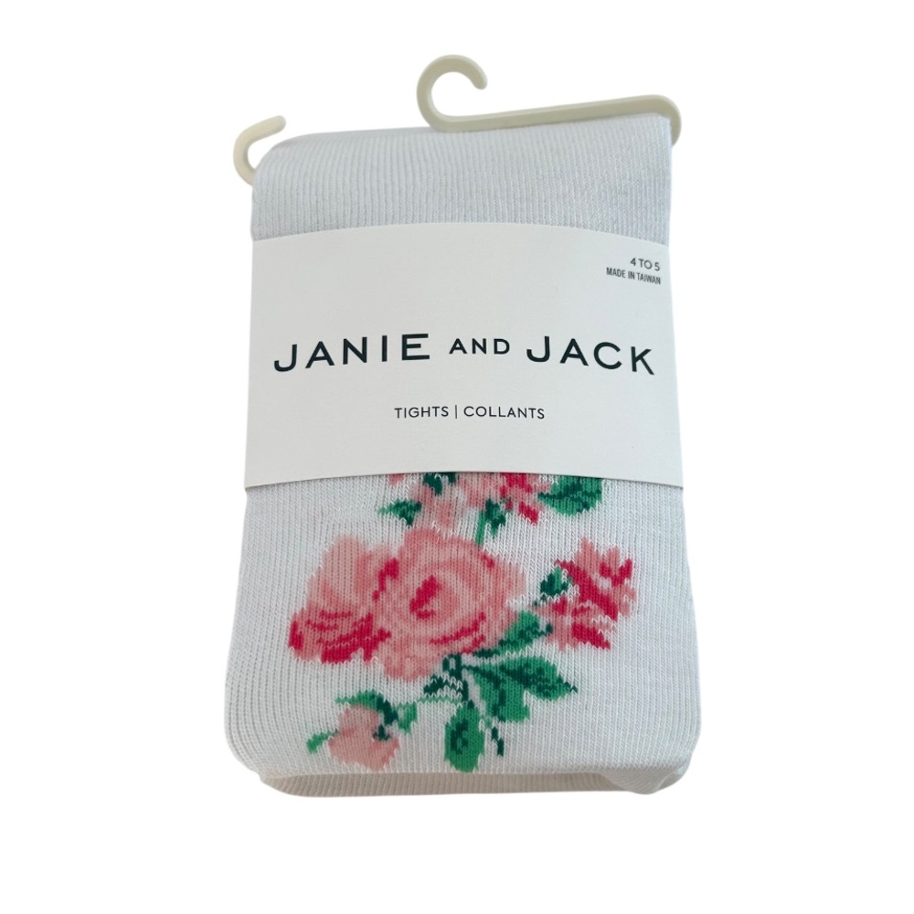 Janie and Jack girls rose tights 4 to 5 white pink cotton floral NEW NWT